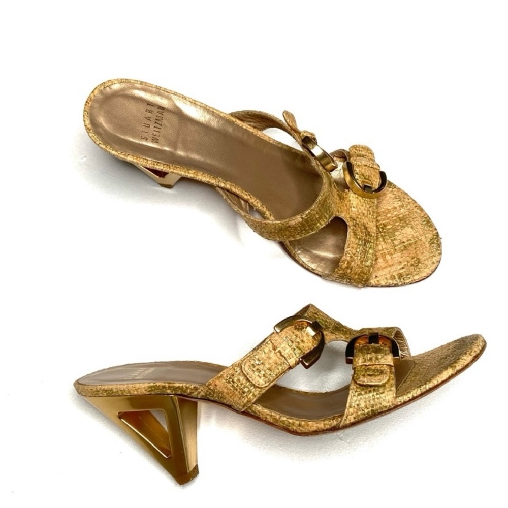 Vintage STUART WEITZMAN Raffia and Gold Metal Heeled Sandals